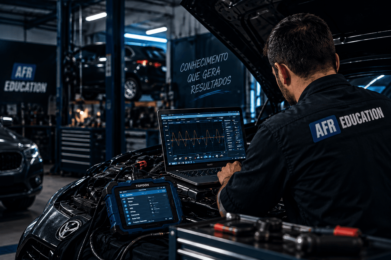 Técnico AFR a diagnosticar o cofre do motor